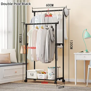 더블 로드 코트 랙 바닥 스탠딩 의류 행어, 휴대용 간단한 이동식 의류 선반, 침실 보관 선반, 옷장 정리함 