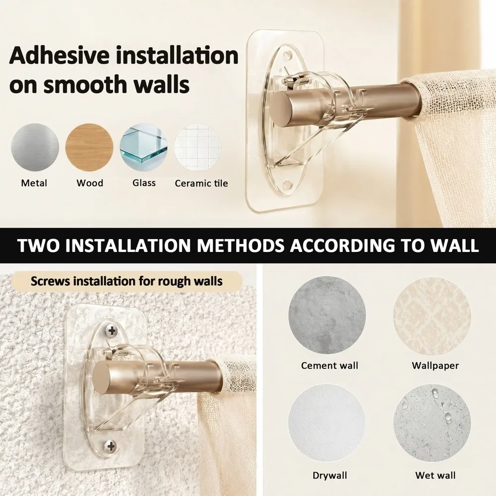 2pcs/set No Drill Curtain Rod Brackets Adhesive & Screw Dual Use Heavy Duty Adhesive Curtain Holders Curtain Support Hooks