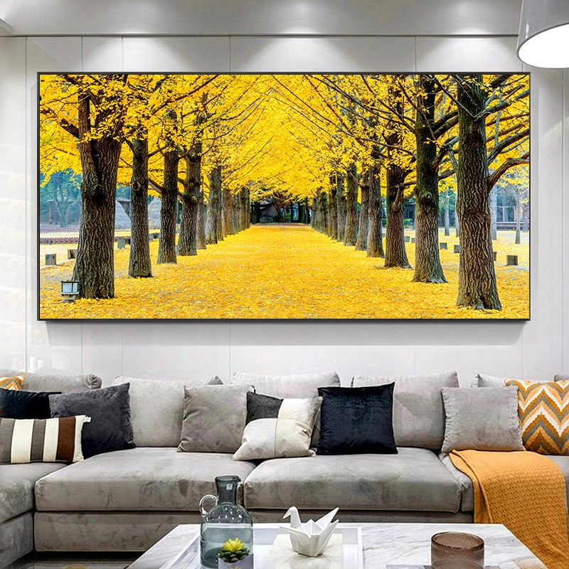 Modern Yellow Golden Tree Path Posters Cherry Blossoms Canvas Painting Wall Art Forest Path Pictures Room Wall Decor No Frame