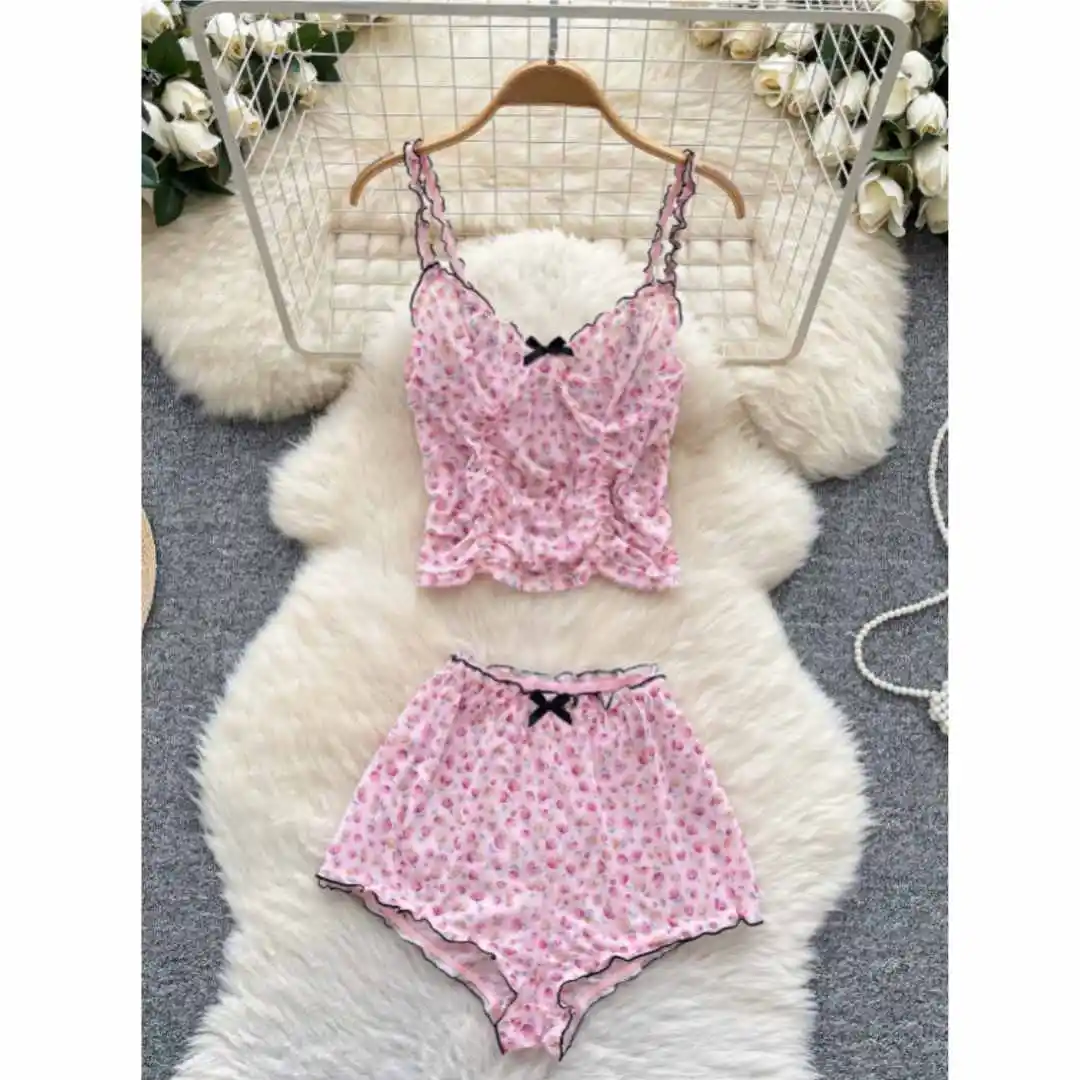 Women Sweet Homewear Suits Floral Print Ruched Straps Tops High Waist Wide Legs Shorts Hotsweet Thin Cozy Sets