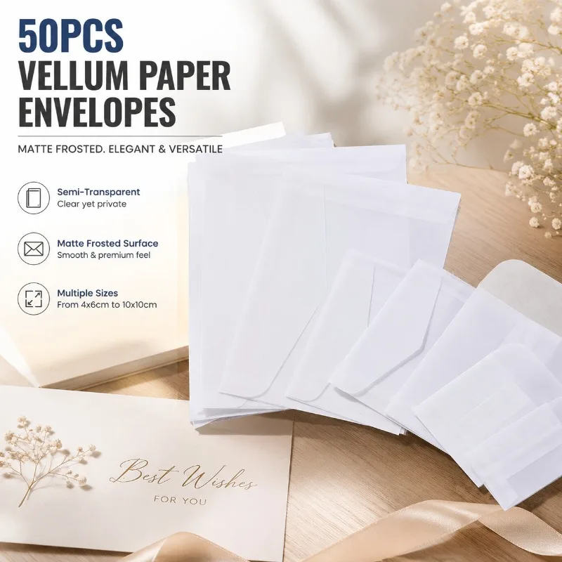 50pcs Semi-Transparent Vellum Paper Envelopes, Matte Frosted for Postcards Greeting Cards Wedding Invitations, 4x6cm to 10x10cm