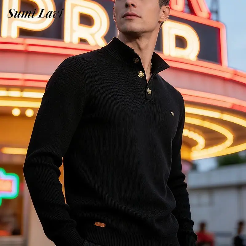 

2026 весенние повседневные мужские свитера, винтажные вязаные пуловеры с воротником-стойкой на пуговицах, мужские стильные однотонные вязаные свитера
