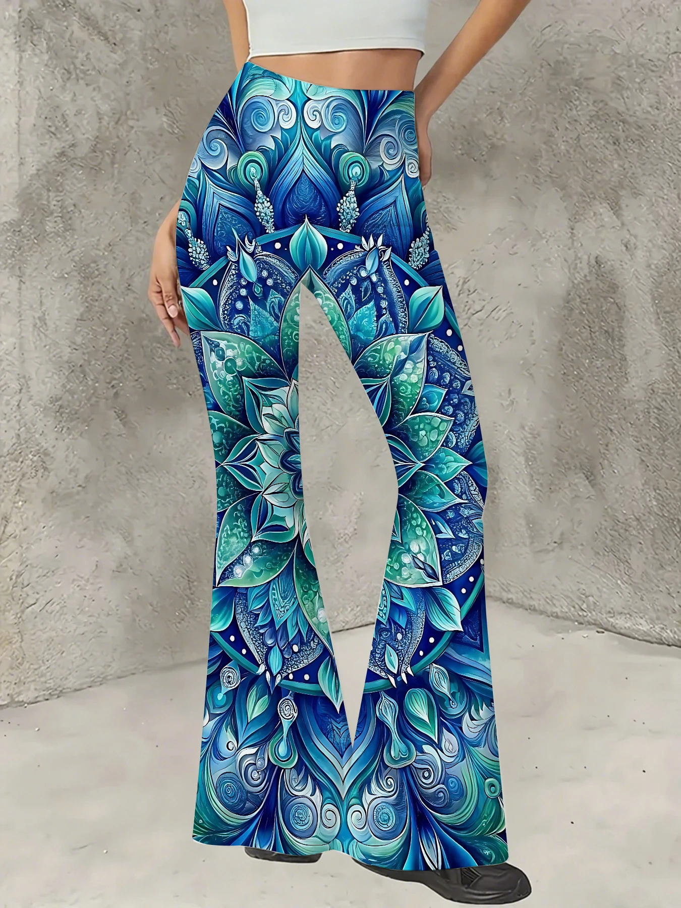 

Retro Printed Flare Pants Women High Waist Polyester Knit Bell Bottom Trousers