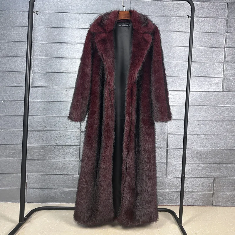 Women's Winter Extra Long Faux Fur Coat Black & Coffee Silk Red Fox Style Faux Fur with Notch Lapel Ropa Para Mujer