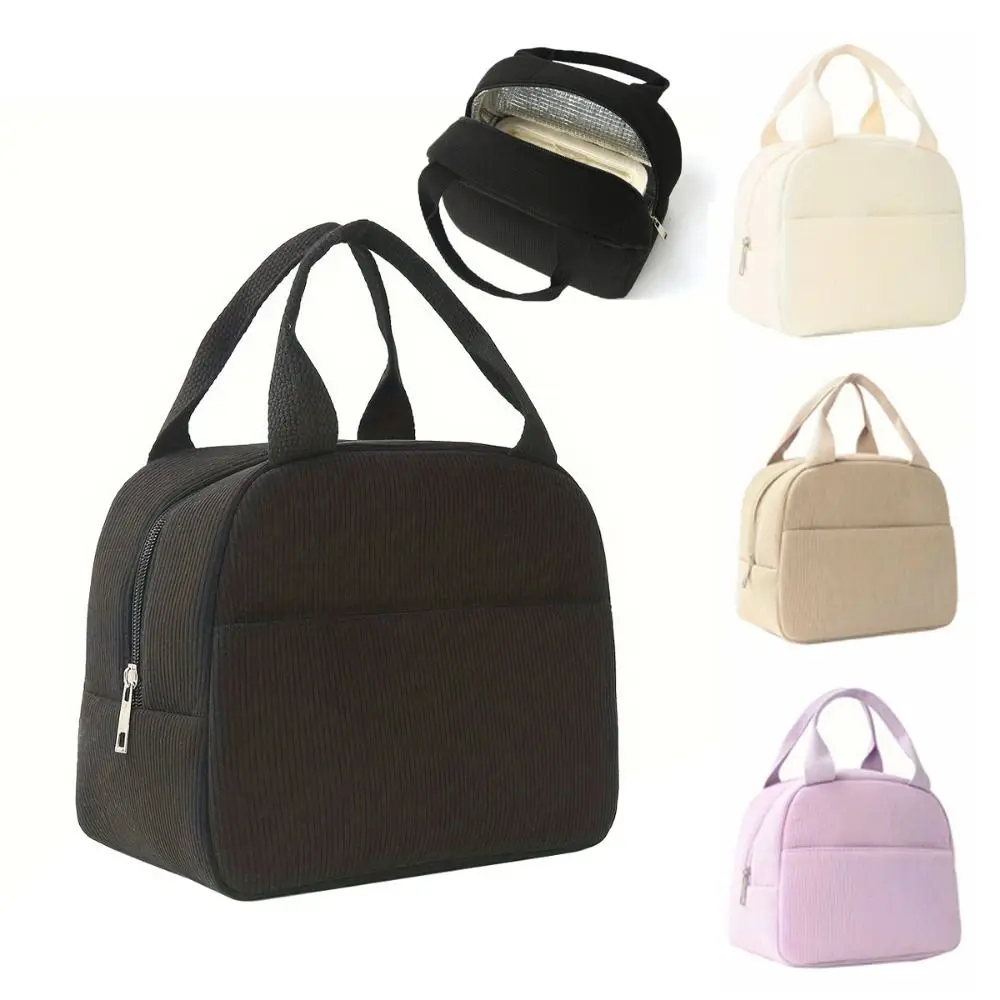 Compact Corduroy Insulated Lunch Bag Large Capacity Portable Lunch Box Storage Bag Minimalist Hand-Held Handbag Work