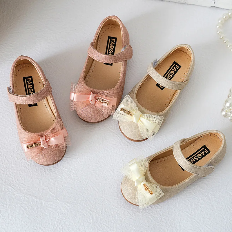 Spring Autumn Girls Shoes Baby Ballet Flats Shoes Lace Bow Glitter Bling Princess Soft Soled Shoes Children Wedding Dance Shoes