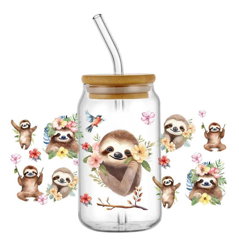 MINISO 3D Bradypode Series Decal 16oz Libbey UV DTF Cup Wrap DIY Mug Waterproof Sloth Transfer Sticker