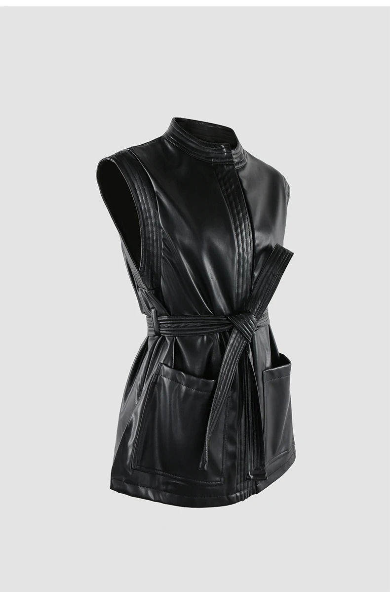 Mauroicardi Spring Short Black Soft Pu Leather Vest Women with Side Slit Sashes Stand Collar Luxury Chic Sleeveless Jacket 2025