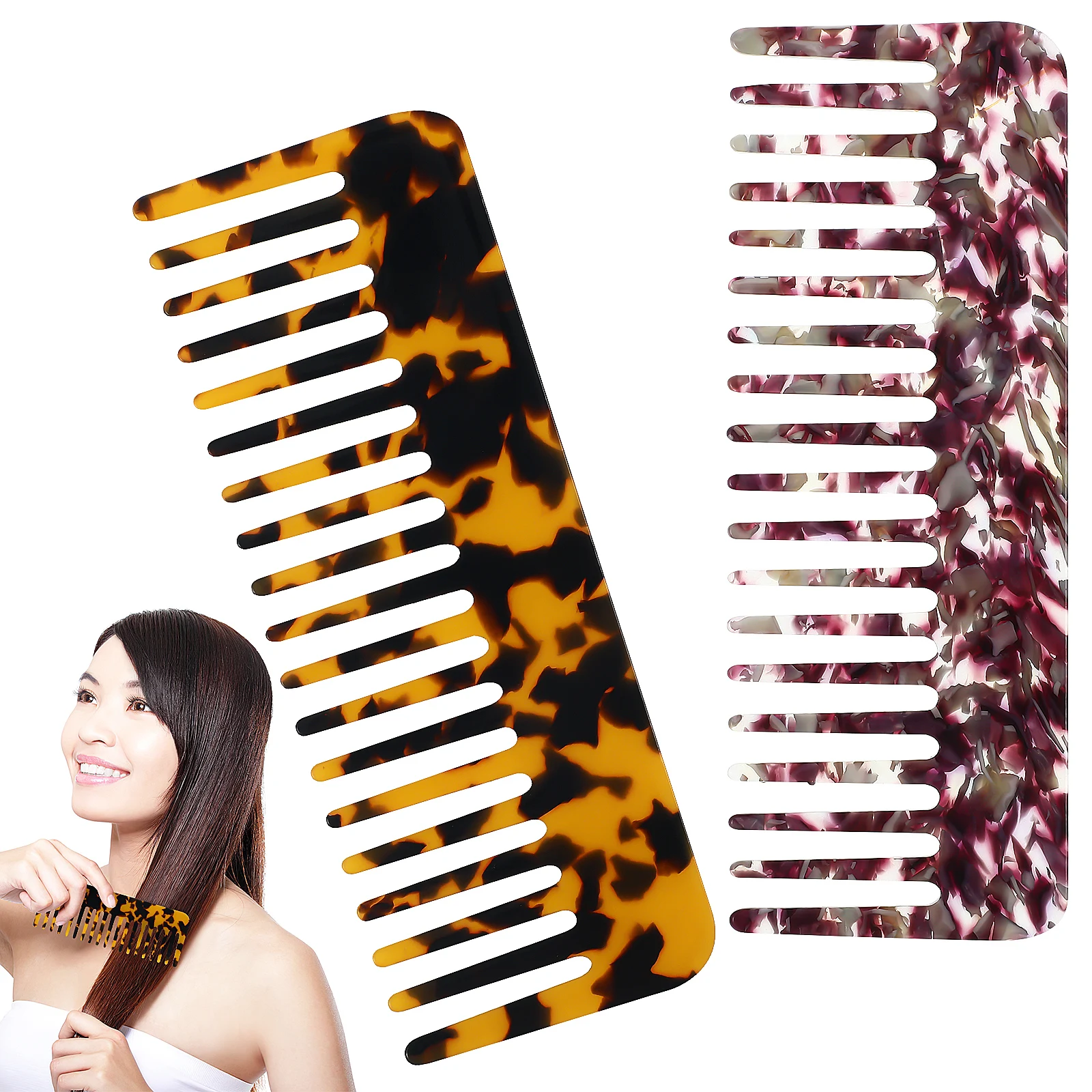 

2Pcs Marble Pattern Wide Tooth Comb for Hair Detangling Styling Tool Acetate Combs for Wet and Dry Curly Straight Long Short