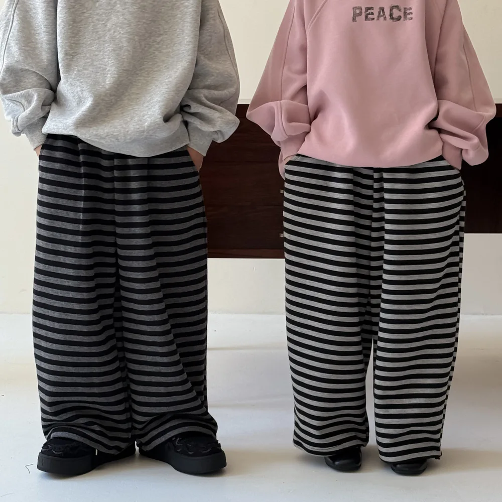Kids Stripe Pants Boys Girls Korean Style Wide Leg Joggers Toddler Casual Straight Leg Trousers Elastic Waist Children Clothing