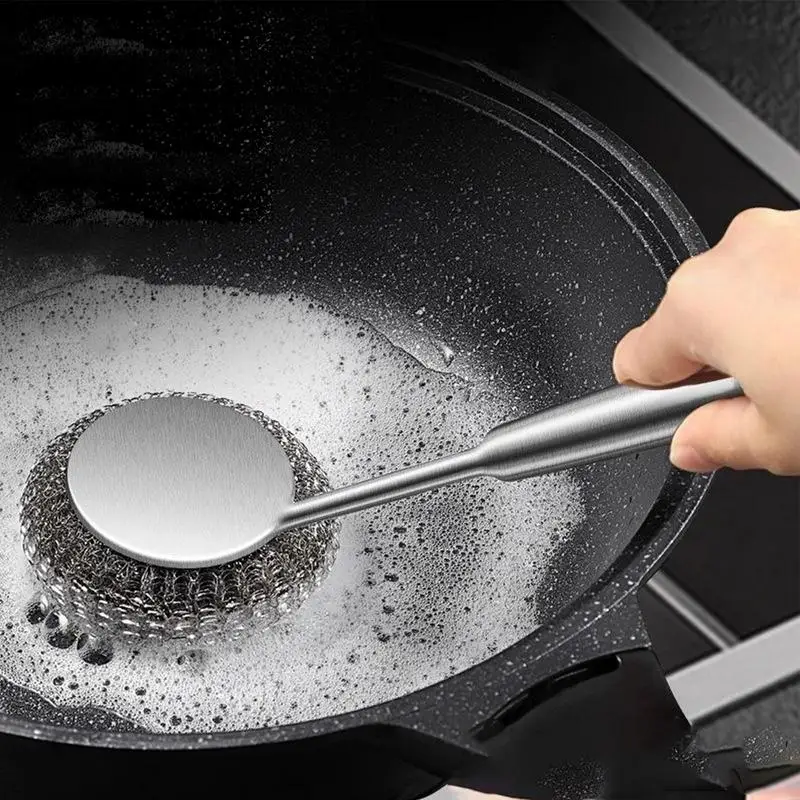 Cleaning brush Long handle stainless steel steel ball pot brush Extended design does not hurt the hand Kitchen gadgets