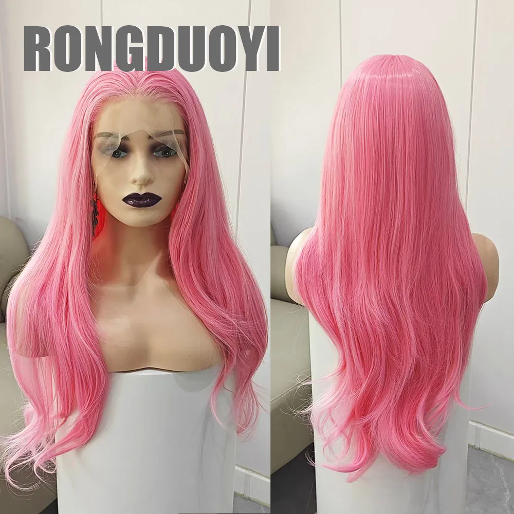RONGDUOYI Pink Natural Wave Synthetic Wig Free Part 13×4 Deep Lace Heat Fiber Lace Front Wigs Women Makeup Cosplay Use Pink Hair
