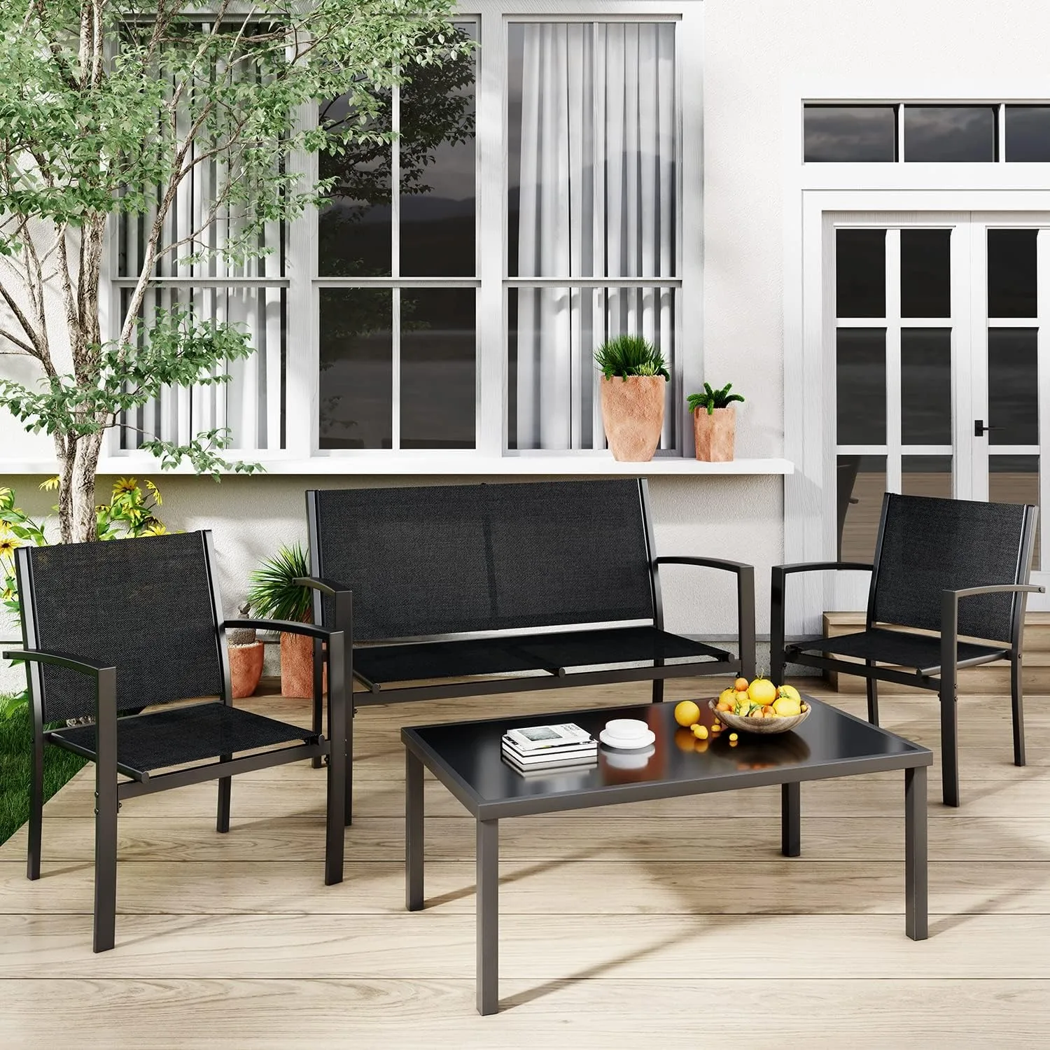 4 Pieces Patio Furniture Set, Outdoor Conversation Sets for Patio, Lawn, Garden, Poolside w/ A Glass Coffee Table, Black