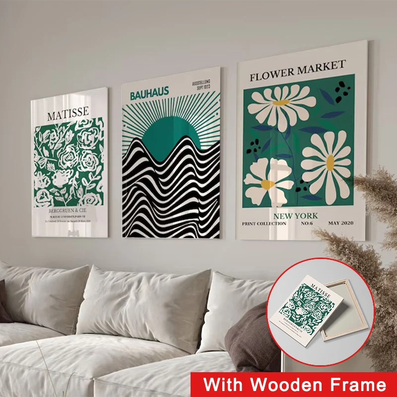 

Framed Retro Floral Art Poster Bauhaus Minimalist Abstract Wall Art Canvas Print Painting Home Decor for Bedroom Living Room