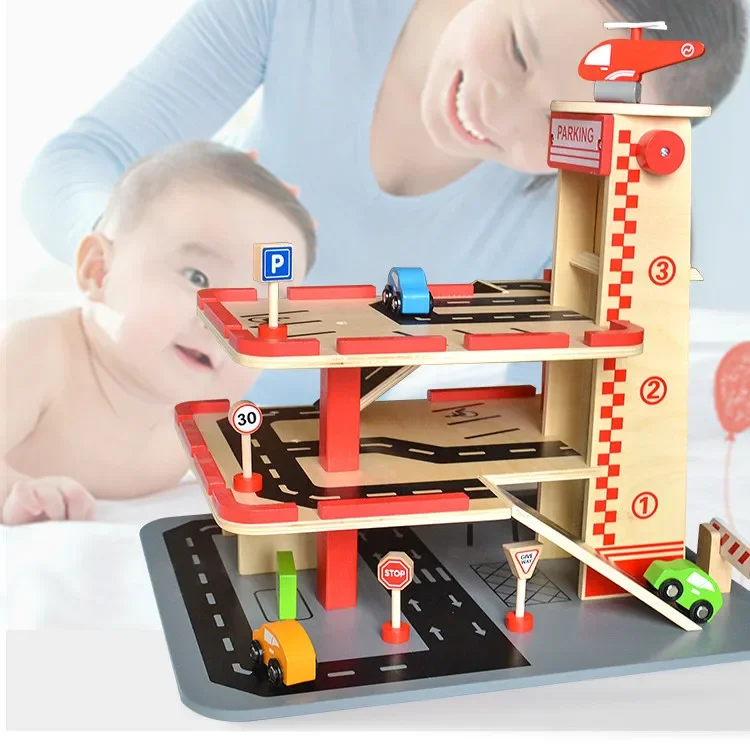 [Funny]Wooden DIY assembly simulation Three story Car parking lot parking apron building blocks education toy baby birthday gift