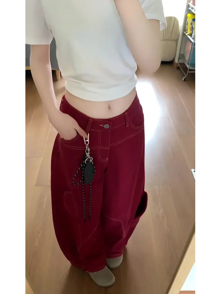 Red Wide Leg High Waist Jeans Women's Spring Loose Fitting Trousers Casual Straight Cut Floor Length Pants Vintage Workwear