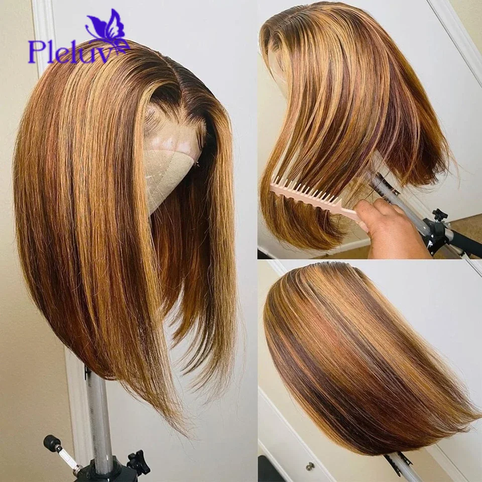 Peluca Bob corta recta sin pegamento para mujer, encaje Frontal transparente 4x4, pelucas de cabello humano para mujer, P4/27