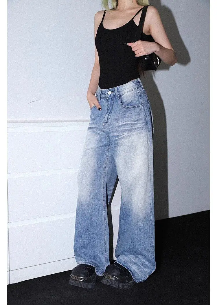 الأمريكية الرجعية Y2K فضفاض خمر الجينز الأزرق النساء 2025 الخريف عادية واسعة الساق سراويل جينز الشارع الشهير السراويل البضائع الجمالية