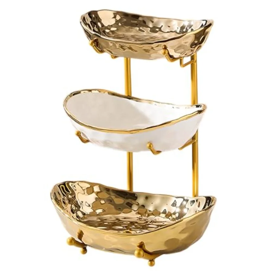 

Трехуровневая керамическая фруктовница с металлической подставкой для кухонной столешницы, для хранения орехов, закусок, хлеба, конфет