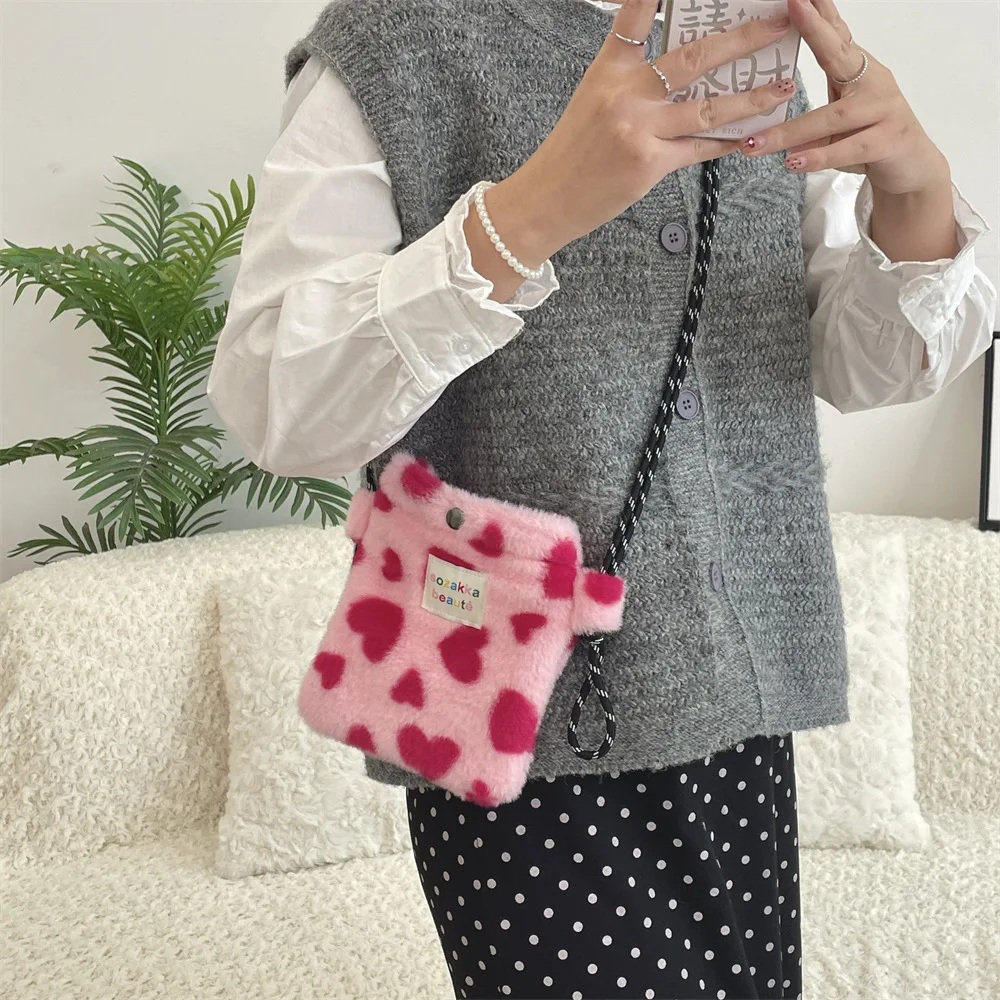 Neue Plüsch-Punkt-Umhängetaschen für Damen, niedliche rosa Umhängetasche, Handtasche, Geldbörsen, tragbare Handytasche – Detail 40