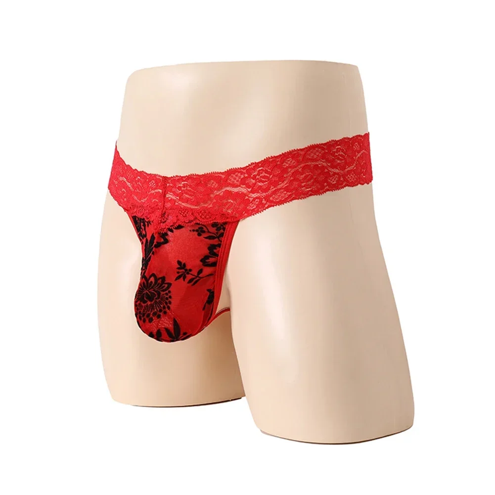 Mens Sexy Print Lace See-Through Thongs Pouch Underpants T-Tack G String Briefs Temptation Playful Transparent Soft Men Thong