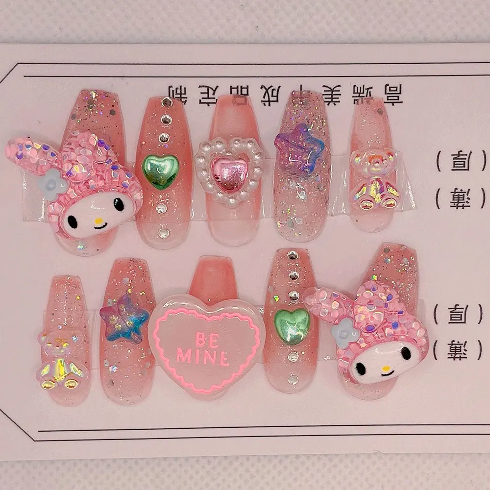 Hello Kitty False Nail Kawaii Sanrio Accessories Anime Y2k Kuromi Filler False Nail Design Removable Manicure Jewelry Girl Gift