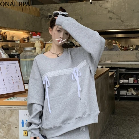 Onalippa Lace Patchwork Bow Sweatshirt Contrast O Neck Long-sleeve Hoodie Korean Chic Design All Match Sweet Casual Pullover