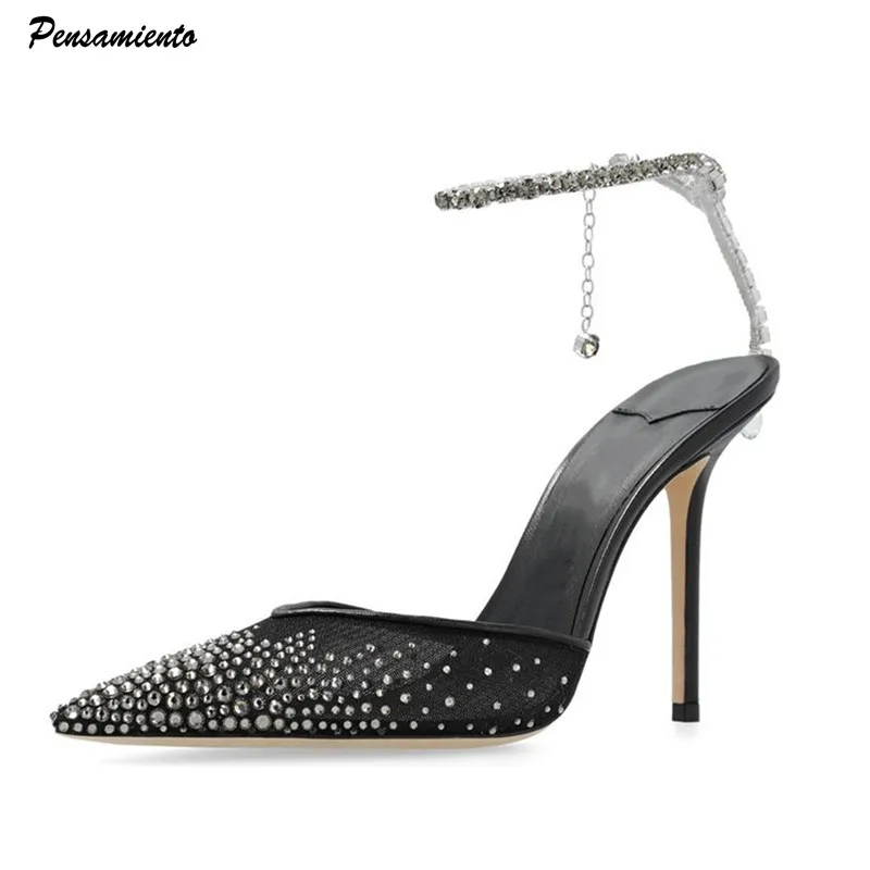 Star style Fashion Rhinestones Ankle Strap Women Pumps Elegant Pointed toe Mesh Slingback Stiletto High heels Office Dress Shoes