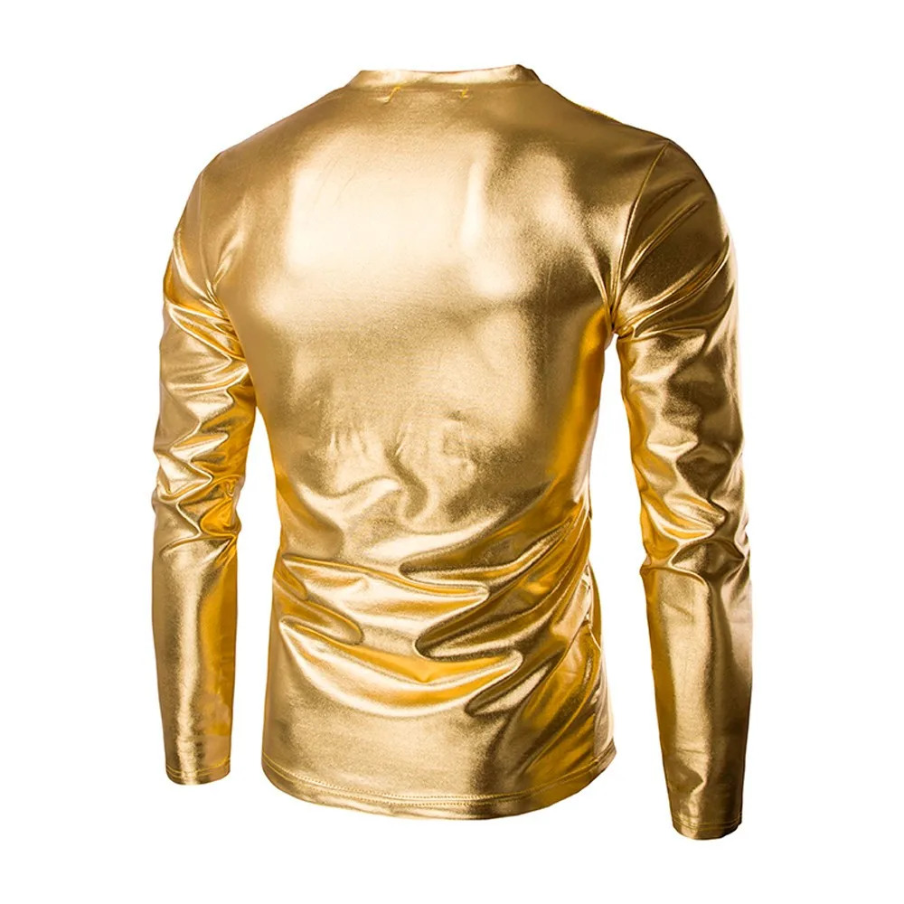 Men Gold Shiny Club T Shirt Fashion Short Sleeve Coated Metallic Nightclub Disco Party T-Shirt Hip Hop Homme Costume 2023