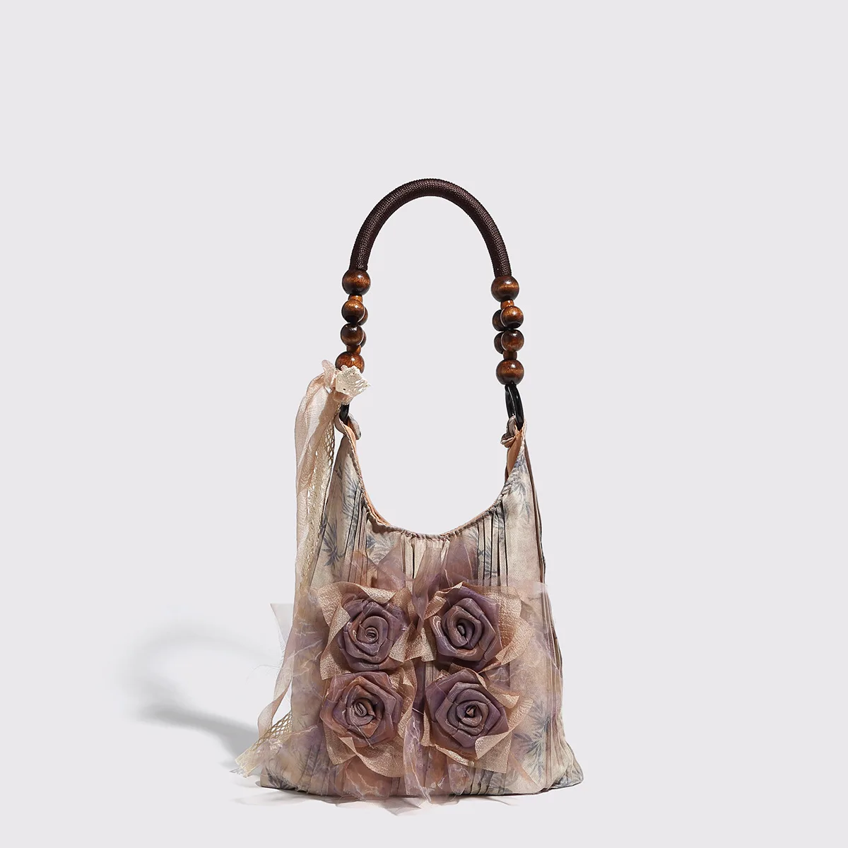 Retro Chinese Style Grass and Wood Tie Dyed Rose Flower Bag Pleated Underarm Bag Commuting Tote Bag Single Shoulder Handbag solid wood retro barber shop mirror hair salon mirror table wall mounted makeup single side mirror frame hair salon landing tool