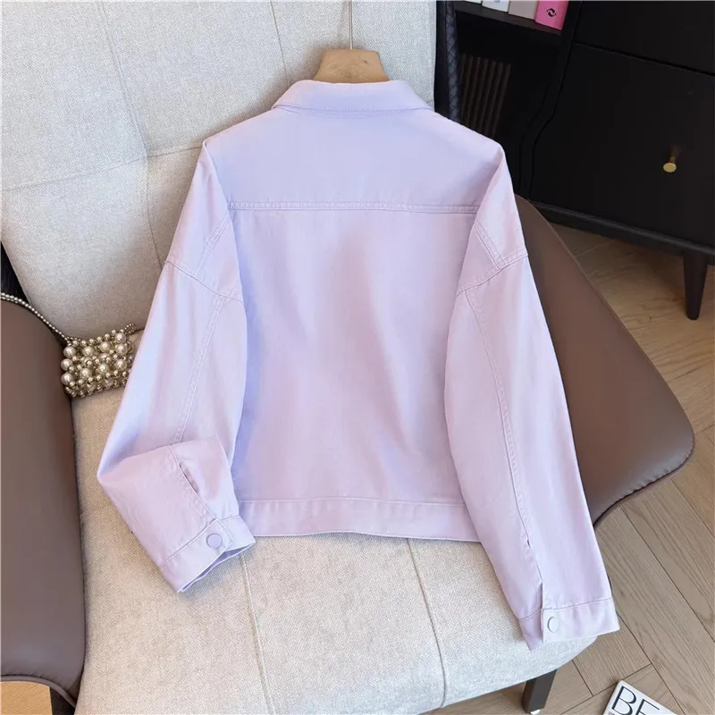 Korean Purple Pink Apricot Casual Short Jeans Jacket Autumn Women Big Pocket Lapel Single-Breasted Long Sleeve Cowboy Outerwear
