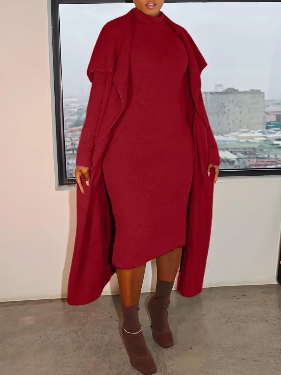 LW Plus Size skirt set Basic Solid Color Skinny Skirt Set Autumn winter warm women's matching set long coat + maxi dress sets