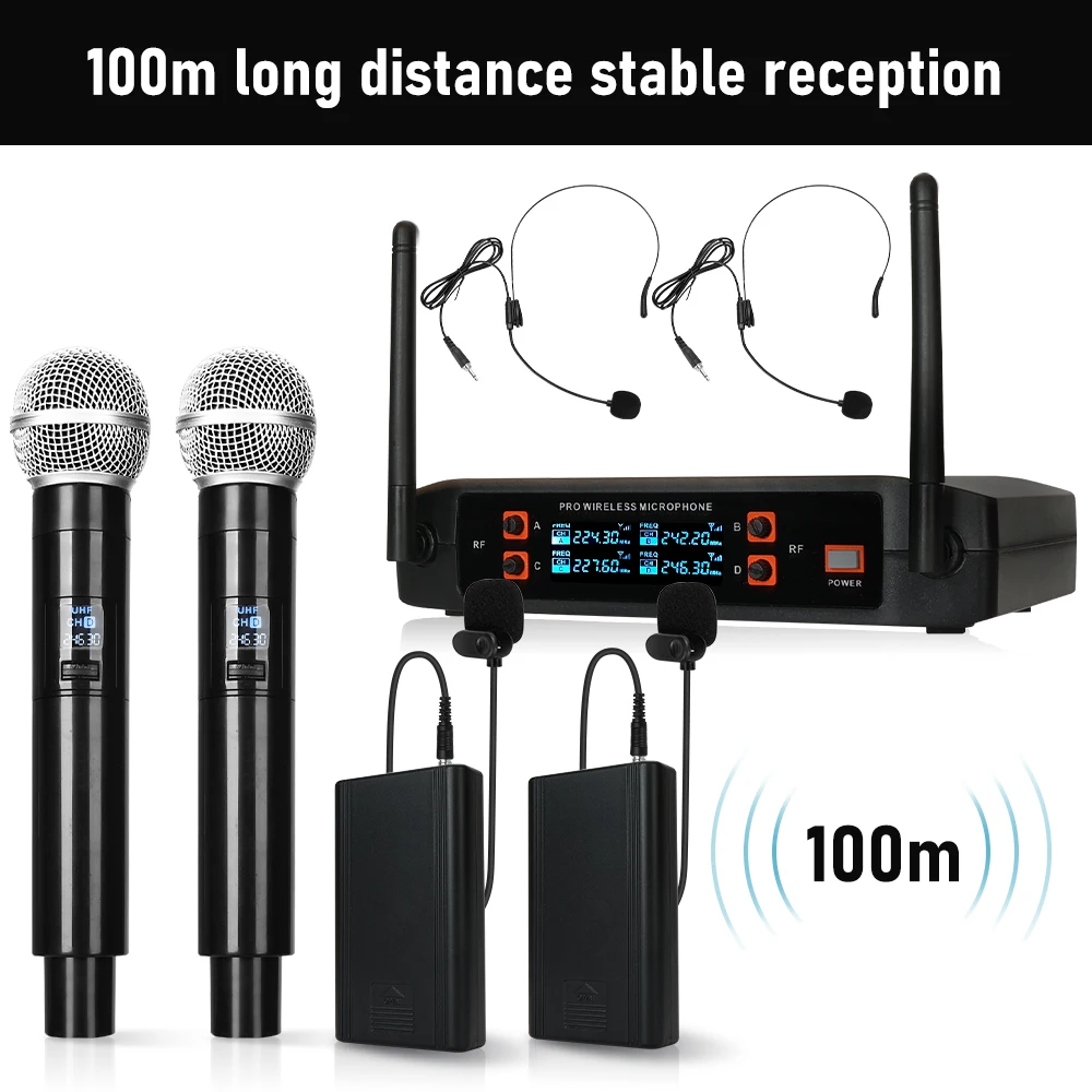 ميكروفون UHF لاسلكي ذو 4 قنوات UHF Bodypack ميكروفون لاسلكي مزدوج مزود بنظام ميكروفون مع 2 طية صدر/مرحاض للتحدث في الفصول الدراسية