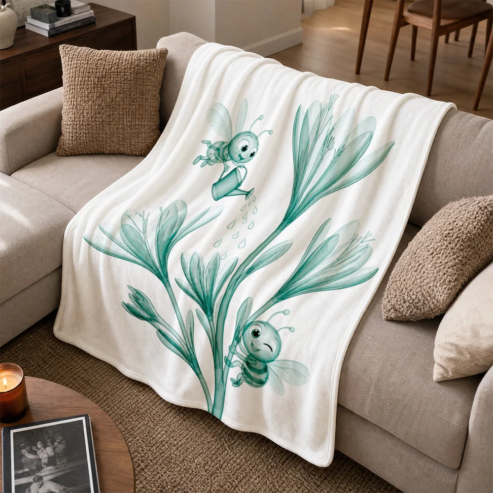 Aesthetic Watercolor Botanical Floral Insect Print Throw Blanket Couch Sofa Cover for Nursery Kids Room Home Decor