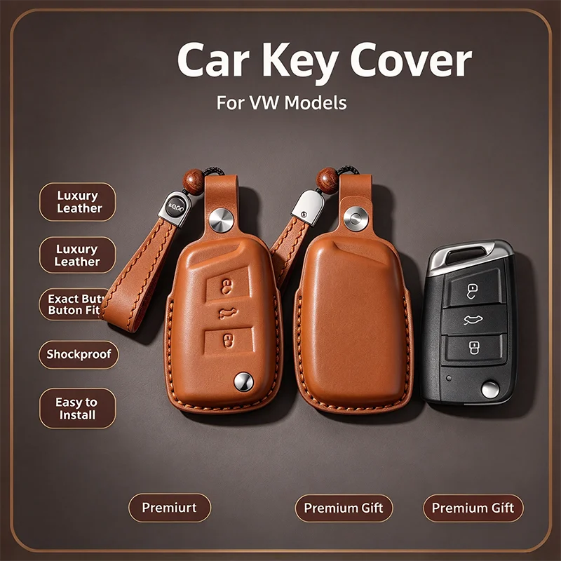 Genuine Leather Car Key Fob Cover Case Buckle For Volkswagen Sagitar Lavida Plus Passat Magotan Tayron X Bora Tiguan L Viloran
