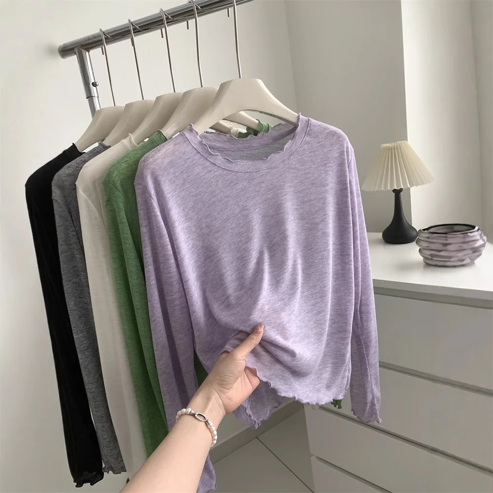 

Lyocell Silk Wool Drape Soft Sticky Colored Fungus Edge Long Sleeved Sunscreen T-shirt For Women's Crop Summer Tops