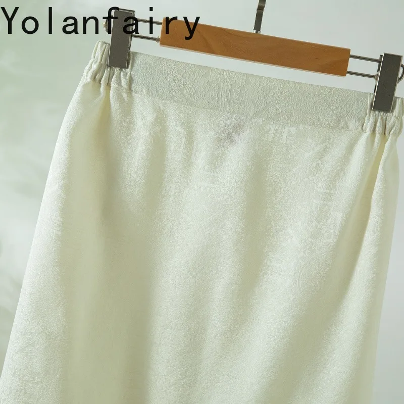 YOLANFAIRY 65% Wool 35% Mulberry Silk Skirts for Woman Elegant High Waist Skirt Women Clothing Split Loose White Skirt Faldas