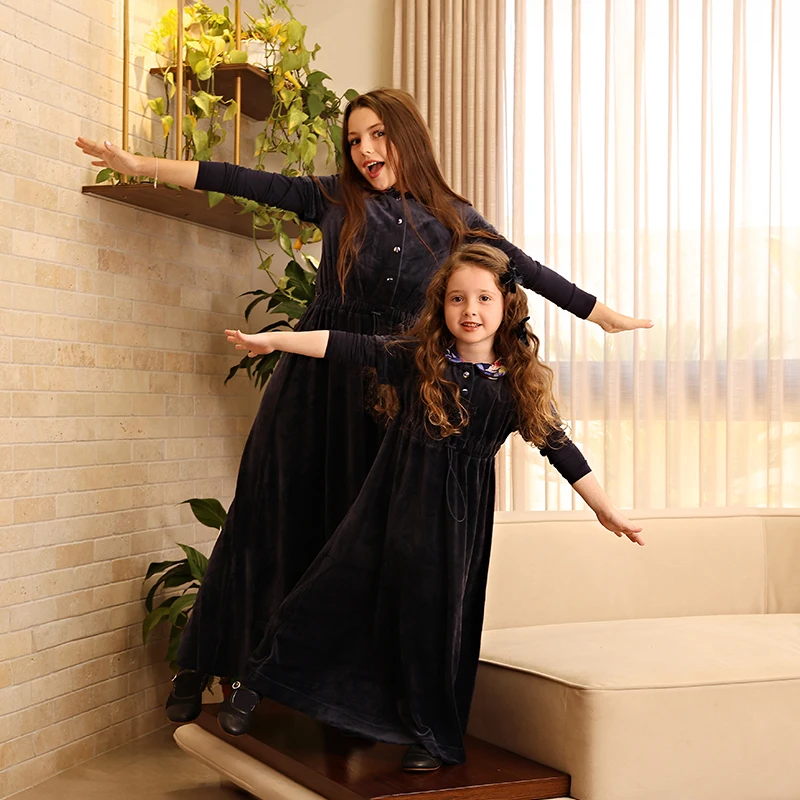 Family Shabbos Velvet Set Girls Dress Matching T Shirt Baby 2 Pieces Set Long Sleeves Children Clothes Floral Collar and Buttons