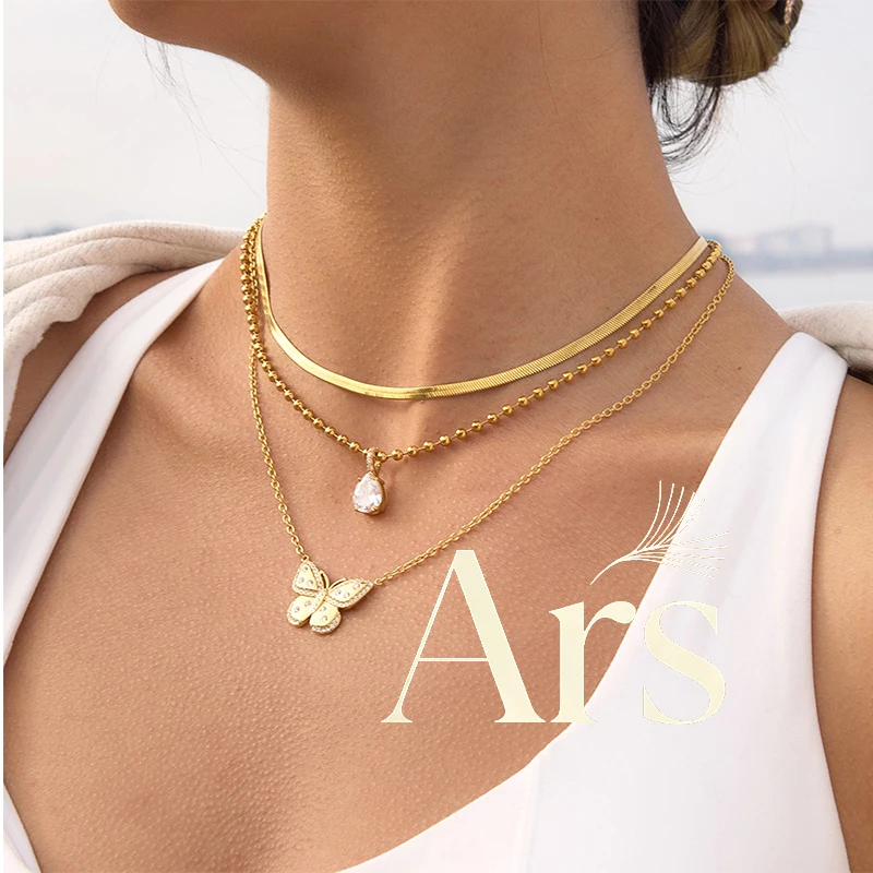 Ars 18K Gold Plated Butterfly Pendant Necklace Waterproof Stainless Steel Chain Necklace with Zircon Women's Insect Necklaces