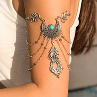 IngeSight.Z Vintage Metal Feather Pendant Upper Arm Bracelet Boho Multilayer Metal Tassel Bracelet Women's Charm Party Jewelry
