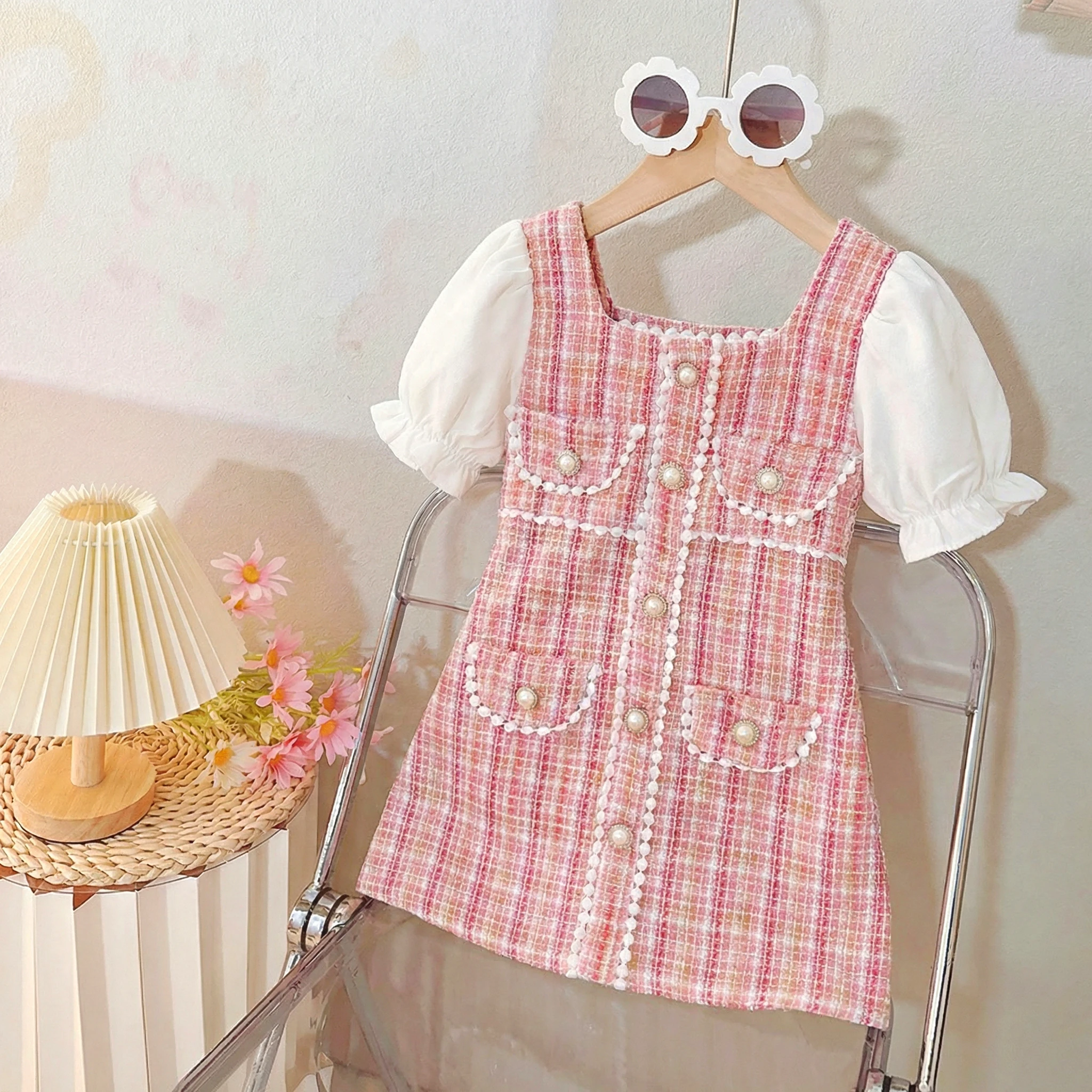 Korean Version  Small Fragrant Style Delicate Pink Bubble Sleeve Pearl Button Dress for Girls' Birthday Party Clothing in Summer