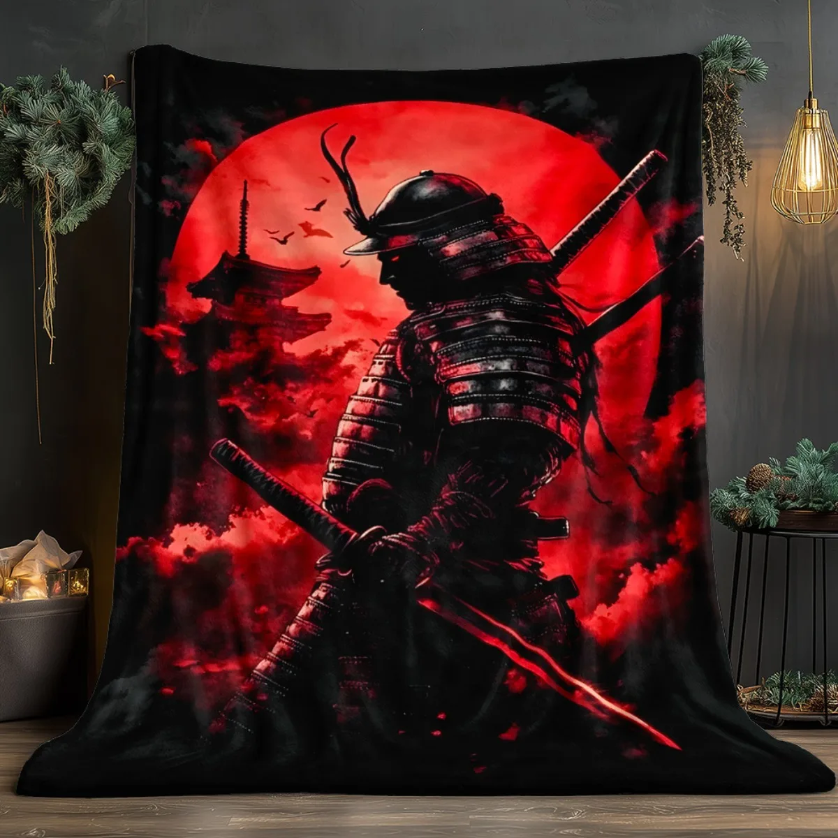 1pc Samurai Warrior Red Moon Fleece Blanket Flannel Throw Japanese Anime Art Bed Cover Ninja Sword Warrior Decor Gift