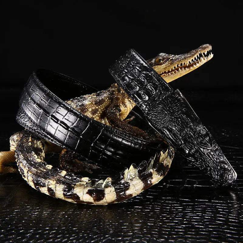 New Fashion Men\'S Belt Leather Crocodile Pattern Design Belt Leisure Travel High Quality Smooth Buckle Belt Waistband A3459