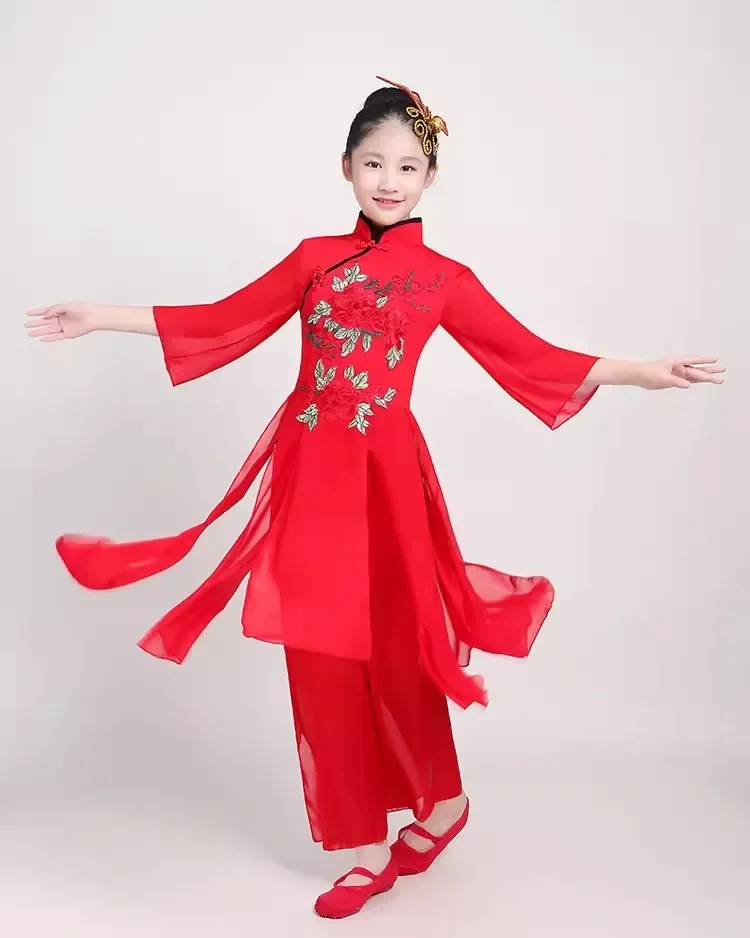 Hanfu kostum panggung dansa klasik yangko, Kostum tinta tari klasik, pakaian latihan dansa kipas angin