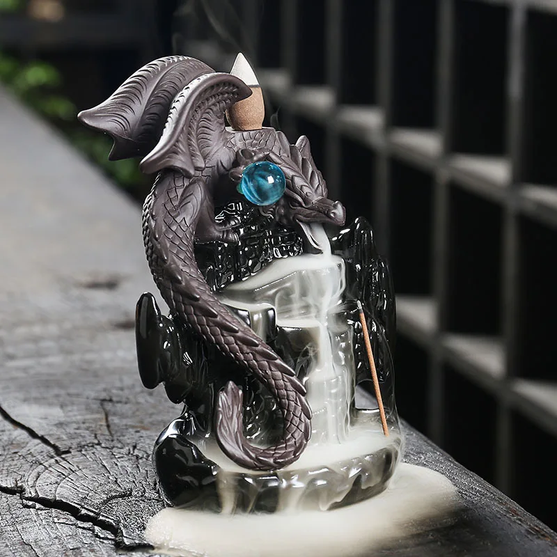 Dragon Backflow Incense Burner Purple Clay Ceramic Pterosaur Figurine Home Decor Creative Ornament Gift