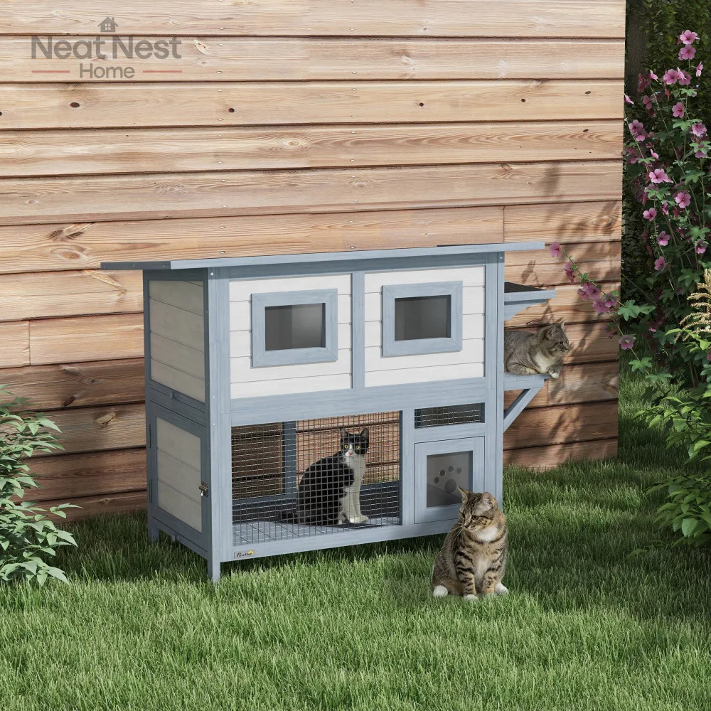

Outdoor Cat House, 2 Tier Weatherproof Feral Cat Shelter with Escape Door, Jump Platform, Large Wooden Cat House for Outside