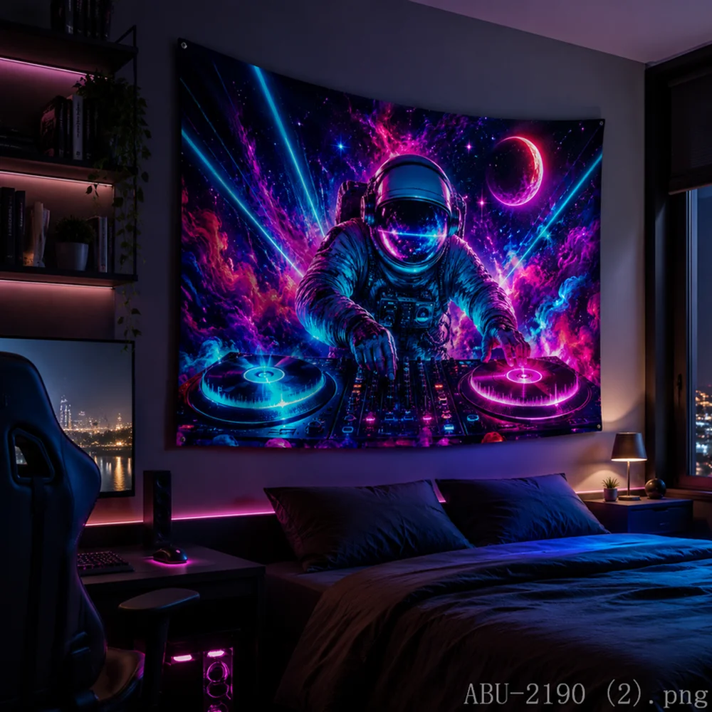 VIKAMA Vinyl Record Space Tapestry Neon Astronaut Trippy Wall Hanging Aesthetic Home Decor for Bedroom Living Room Art