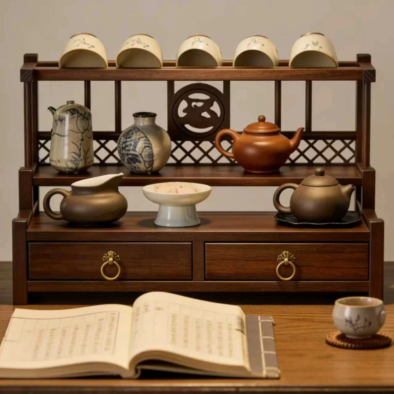 

Black Walnut Multi-Tier Tea Cup Storage Rack Solid Wood Curio Shelf Minimalist Display Cabinet Premium Organizer for Coffee Mug
