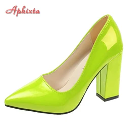 Aphixta 2023 New 10cm Square Heels Pumps Women Shoes Patent Leather Sexy Wedding Party Official Leisure Super Big Szie 31-50