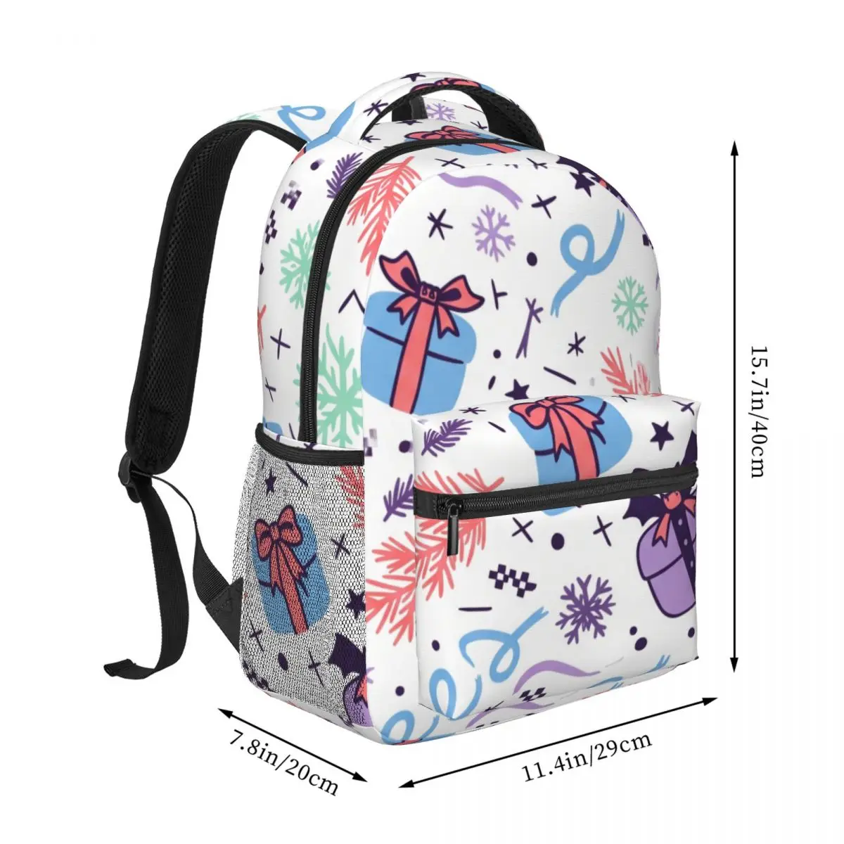Galaxy Space Print Backpack Tossed Snowflake Pine Gift Box Star Goth Punk Colorful White Edgy Daypack for School Work Weekend